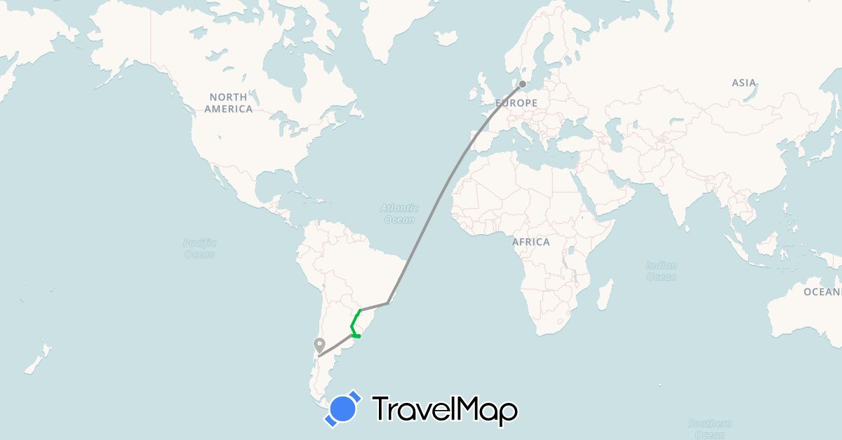 TravelMap itinerary: driving, bus, plane in Argentina, Brazil, Denmark, Uruguay (Europe, South America)